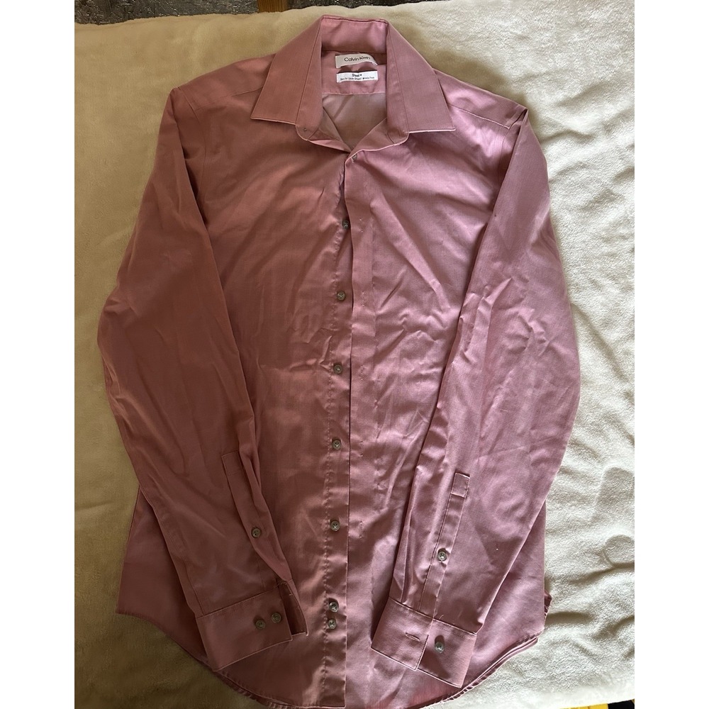 Calvin Klein Men's Steel Slim Fit Dress Shirt Pink 15 34/35 M Long Sleeve Button